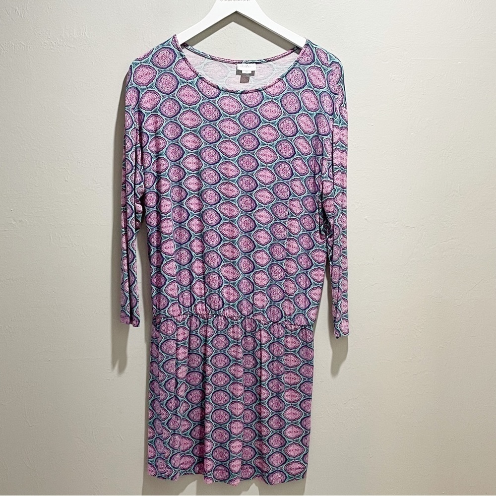 CABANA LIFE Women’s Purple Green Medallion Print Long Sleeve Jersey Dress Size M